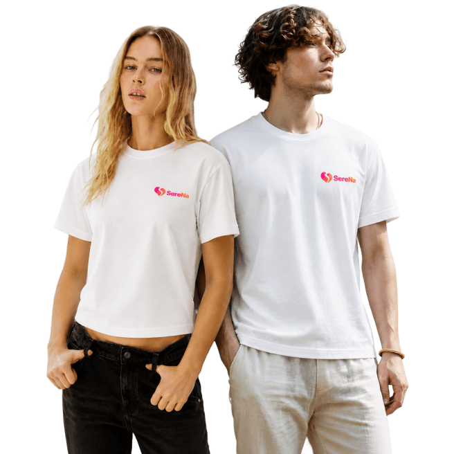 Couple wearing SereNa white t-shirts